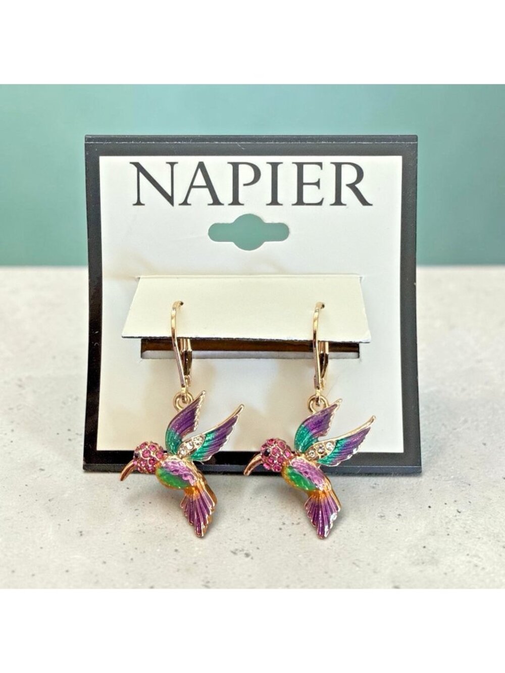 Napier Gold Tone/Multicolor Hummingbird Drop Leverback Earrings-NWT